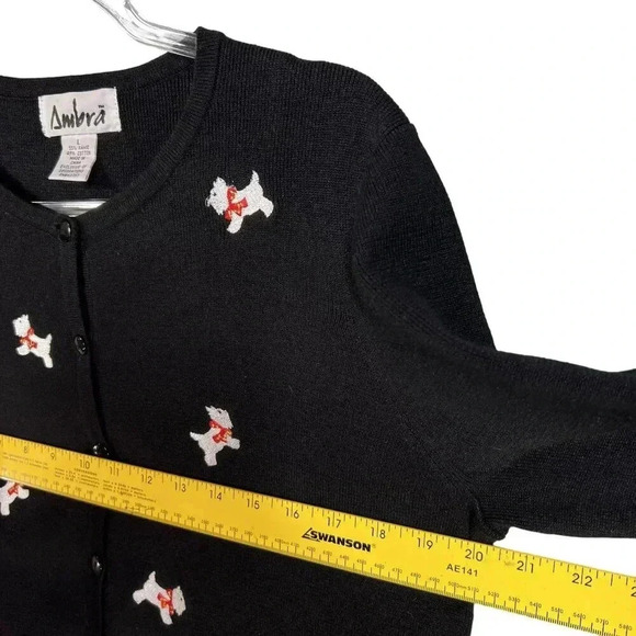 Ambra Womens Large Black Christmas Scottie Dog Embroidered Cardigan Knit Sweater - Picture 6 of 11
